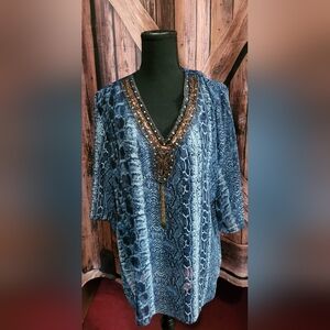 Shoreline Sequin Bead V-Neckline Snake Print Women's Tunic Top